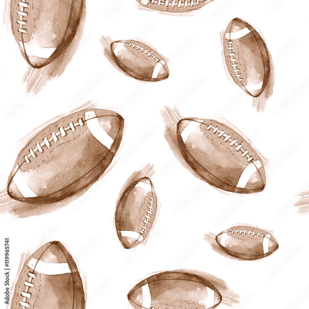 Obraz premium Hand-drawn watercolor seamless pattern with American football balls. Repeated background in retro style. Sport pattern