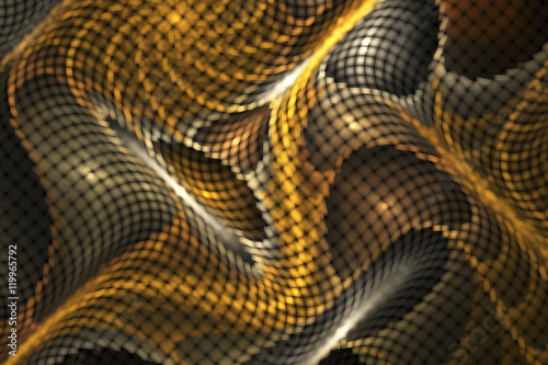 Abstract psychedelic multicolored waves on black background. Computer-generated fractal in orange, yellow, brown, grey and white colors.
