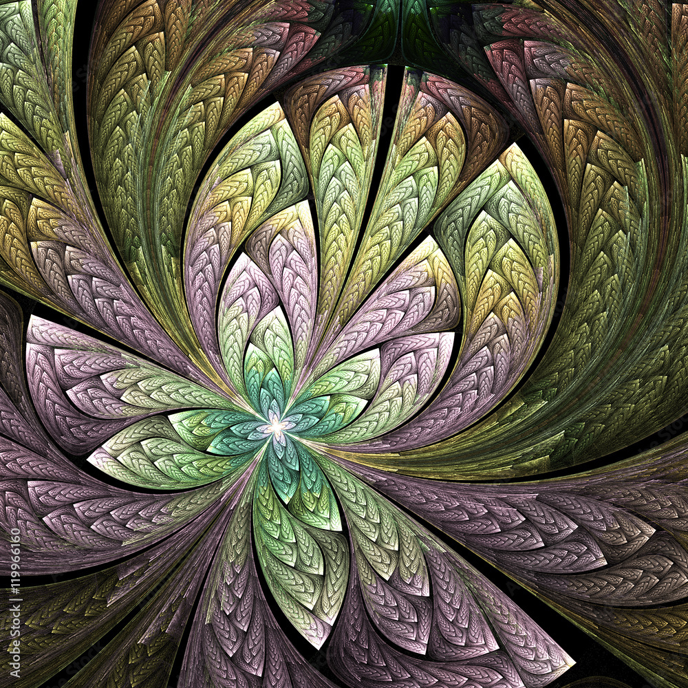 Fototapeta premium Abstract floral ornament on black background. Computer-generated fractal in green, rose and beige colors.