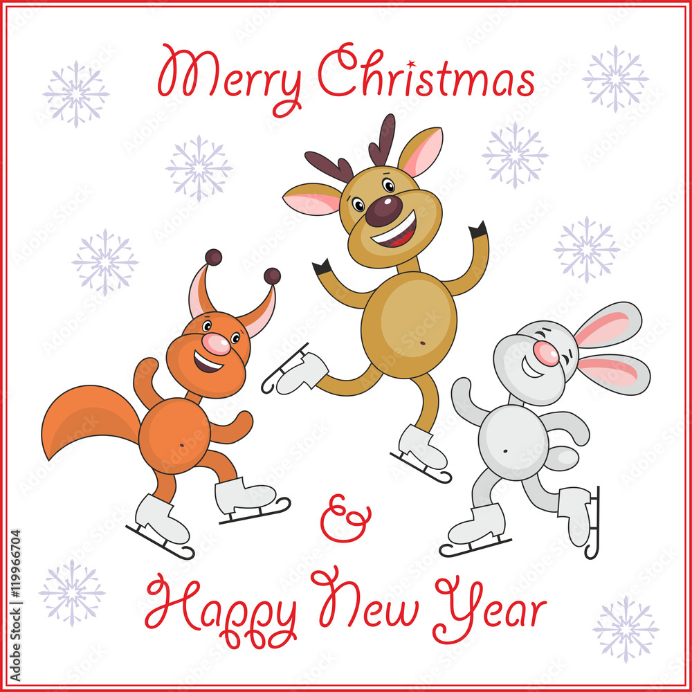 Greeting card merry Christmas and New Year  with the image of funny animals