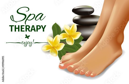 SPA concept with realistic female feet, frangipani and stones. Vector illustration.