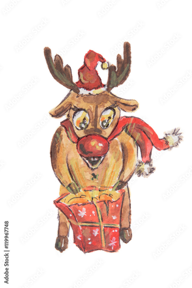 Watercolor Christmas deer. Funny and smiling raindeer with christmas present on white background. Symbol of Christmas and New Year.