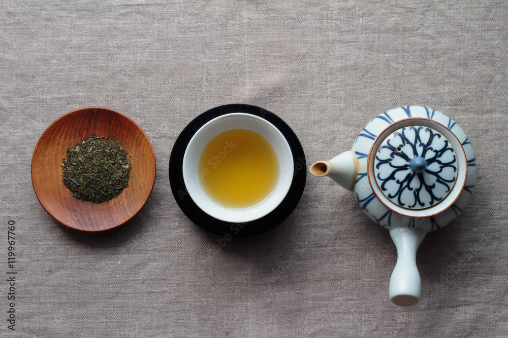 Japanese tea and the teapot and tea leaves