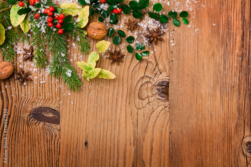 Winter background with natural green plants and xmas decoration Winter background with natural green plants and xmas decoration
