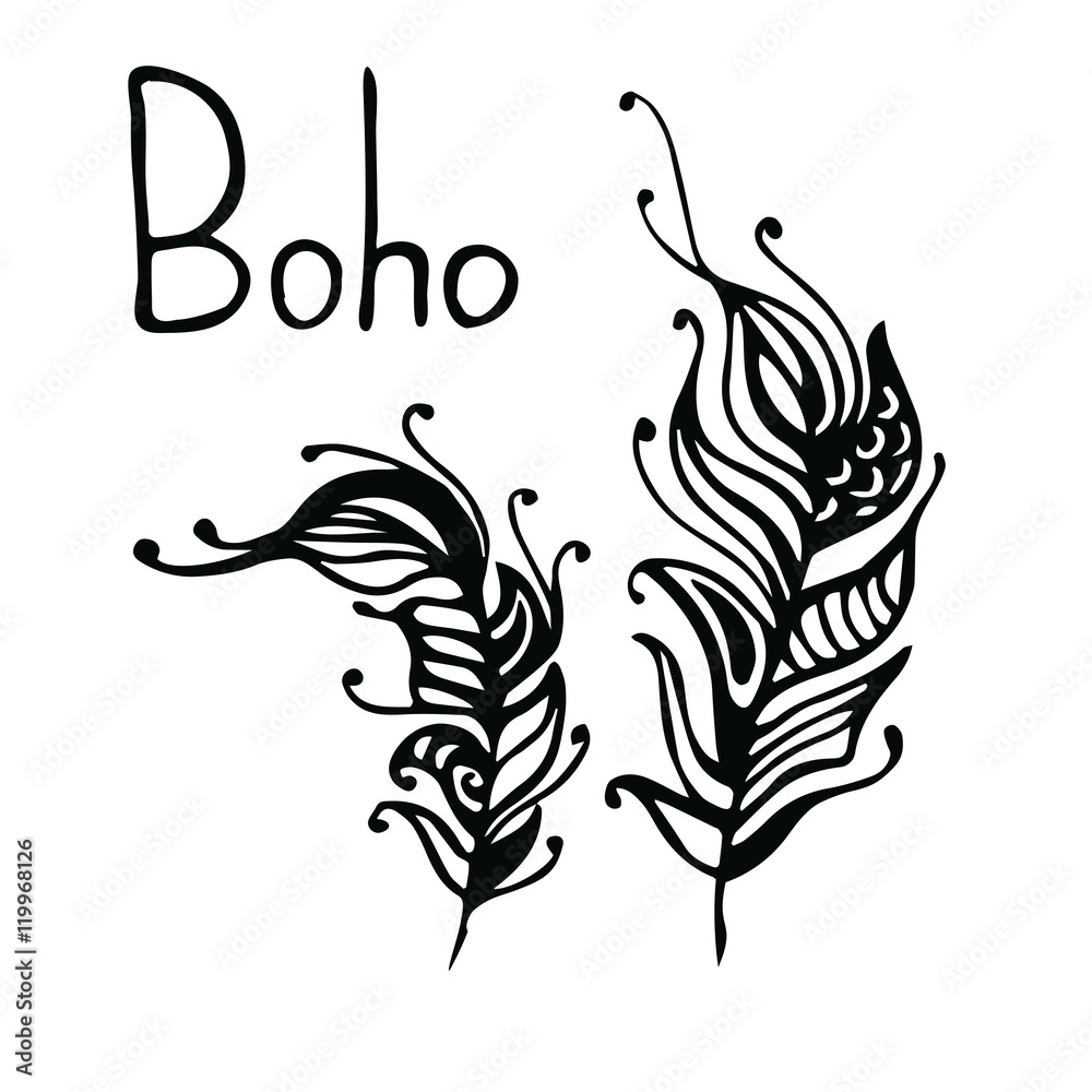 Hand drawn feathers. ink vector illustration. boho style design elements. ethnic creative doodles. isolated on white background
