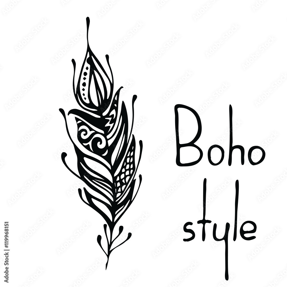 Fototapeta premium Hand drawn feathers. ink vector illustration. boho style design elements. ethnic creative doodles. isolated on white background