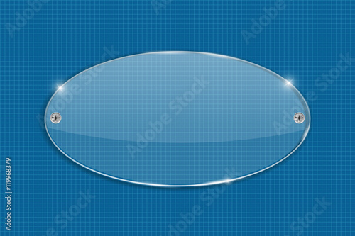 Oval transparent glass plate on blueprint background