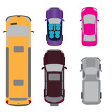 A set of five cars. Coupe, convertible, SUV, passenger van, minivan. View from above. illustration