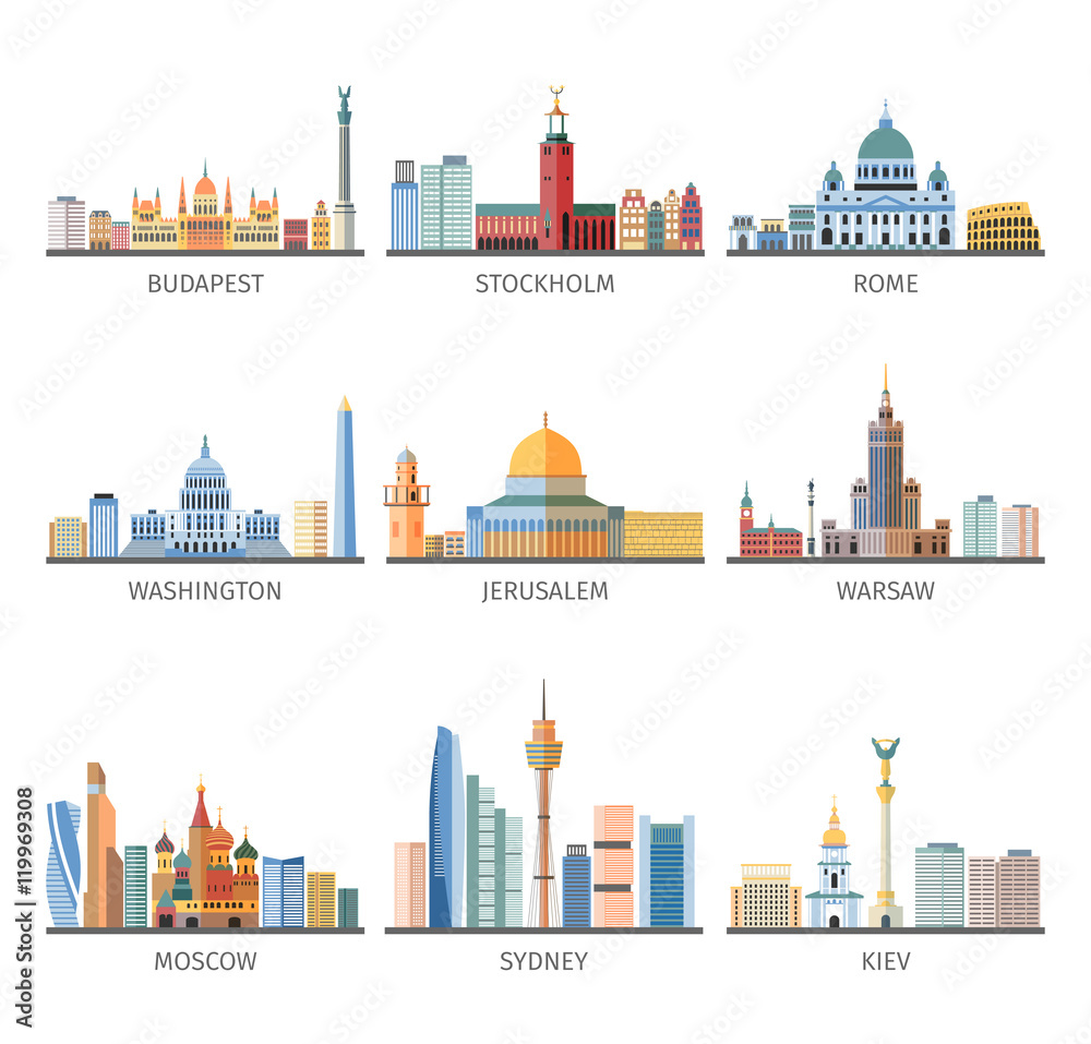 World Famous Cityscapes Flat Icons Collection