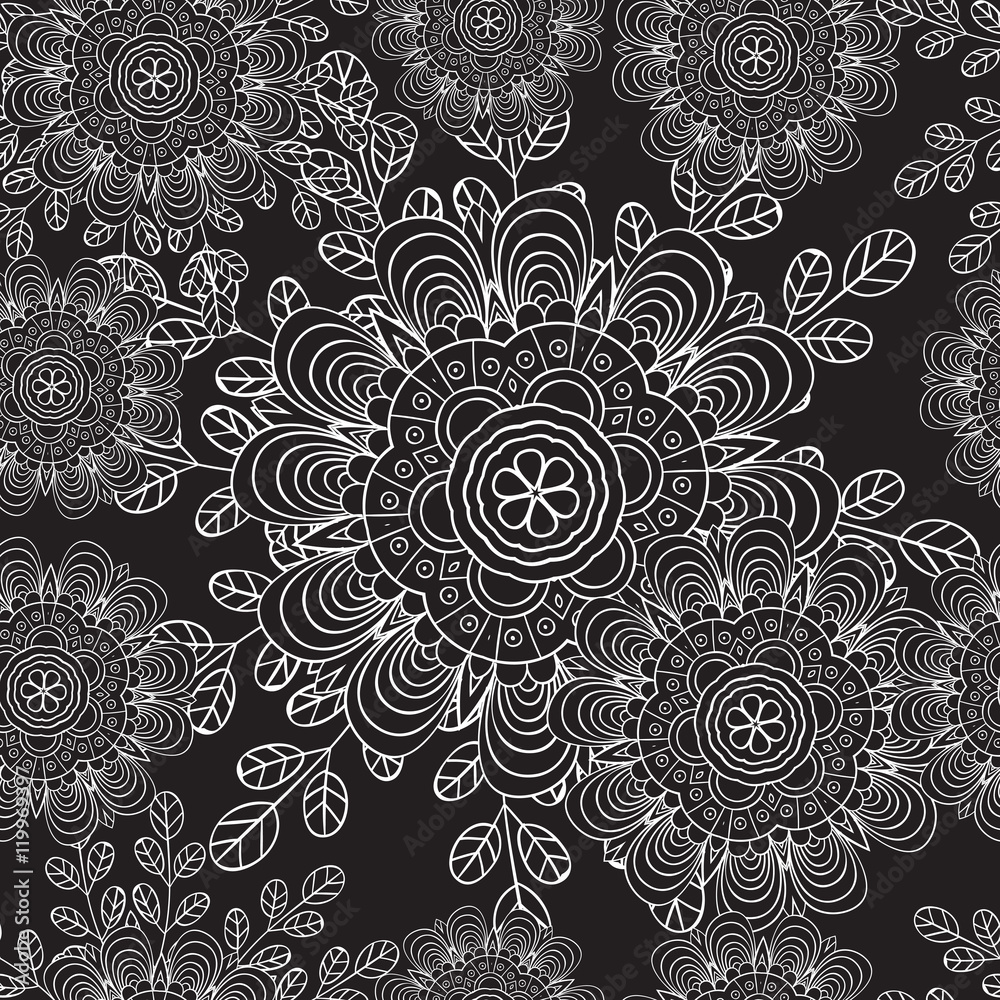 Seamless pattern with doodles elements for design. black and white flowers, leaves Seamless pattern with doodles elements for design. black and white flowers, leaves