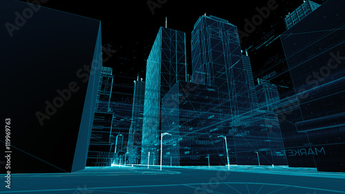 Digital skyscrappers with wireframe texture. Technology and conn photo