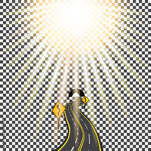Highway receding into the distance in the tunnel. Bending road. Bright sunlight. illustration.