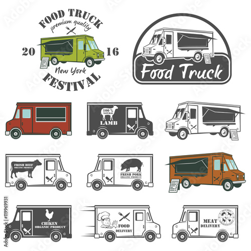 Food truck street festival emblems and logos set
