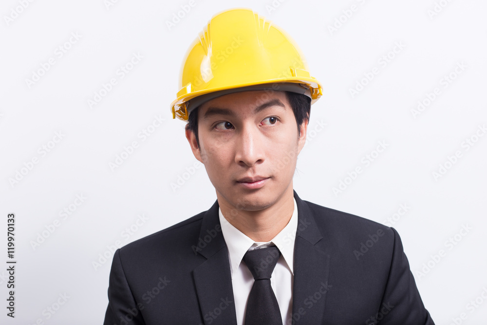 Engineer in black suit on isolated white background