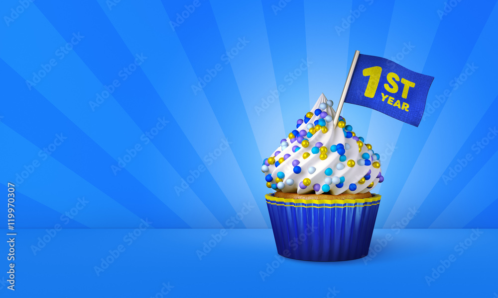3D Rendering of Cupcake, 1st Year Text on the Flag, Blue Paper Cupcake - obrazy, fototapety, plakaty 