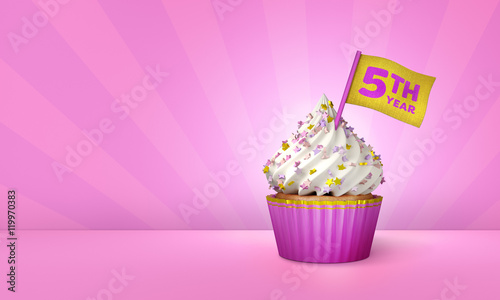 3D Rendering of Cupcake, 5th Year Text on the Flag, Pink Paper Cupcake