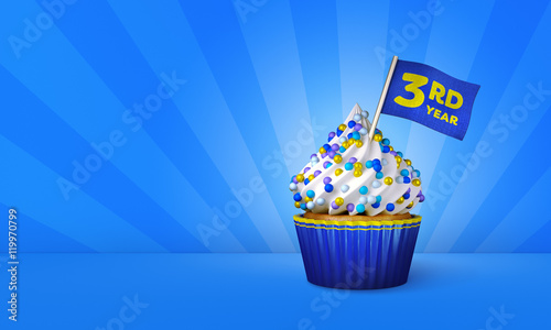3D Rendering of Cupcake, 3rd Year Text on the Flag, Blue Paper Cupcake
