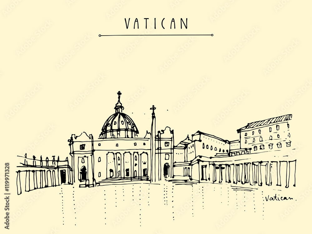 Saint Peter cathedral and Apostolic Palace in Vatican city, Europe. Hand drawing. Travel sketch. Vintage touristic postcard, poster, calendar or book illustration