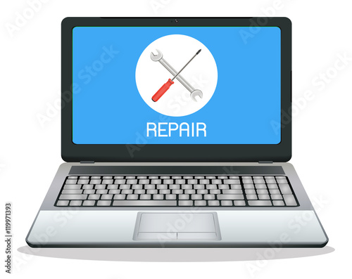 laptop computer with repair logo on screen