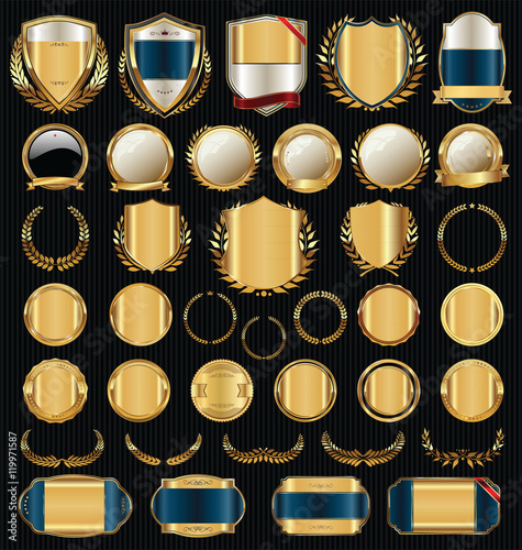 Golden shields laurel wreaths and badges collection 