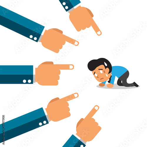 A lot of hands pointing a businessman