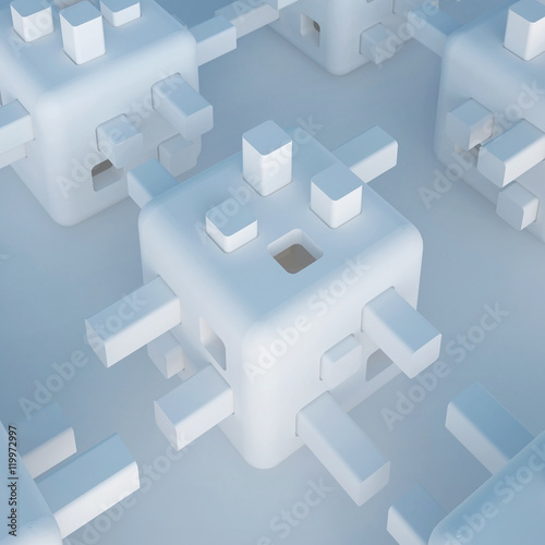 3d illustration. Abstract white non-existent forms, Futuristic background. Images, associations: cube, constructor, developing toy, robot head, modular flying autonomous home, cell. Render.