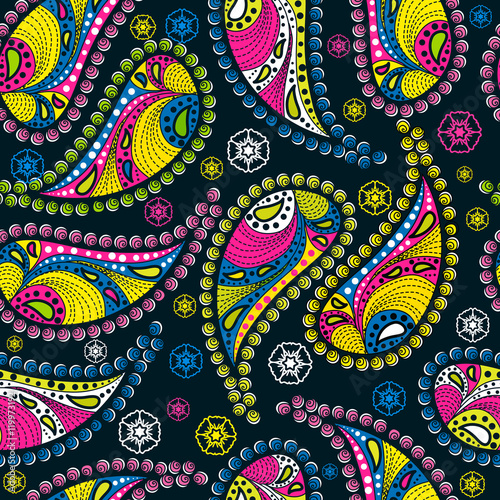 Seamless pattern for design. multicolored elements of the paisley and flowers, tribal texture