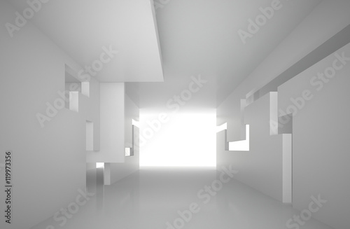 3d illustration. White interior of a non-existent building. The walls of the room with rectangular holes, multilevel ceiling. Light in perspective. Architectural minimal background, render.