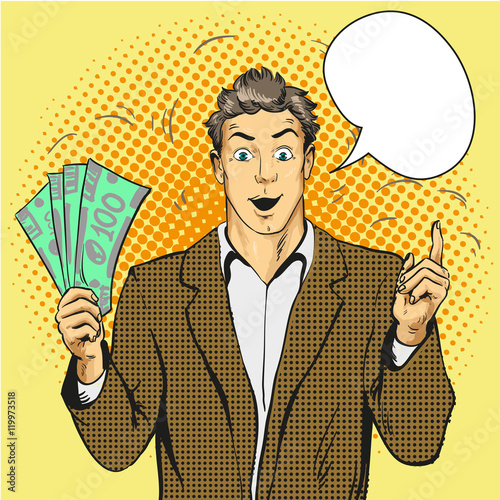 Rich handsome guy hold money and point his finger up. Business concept vector in pop art style.