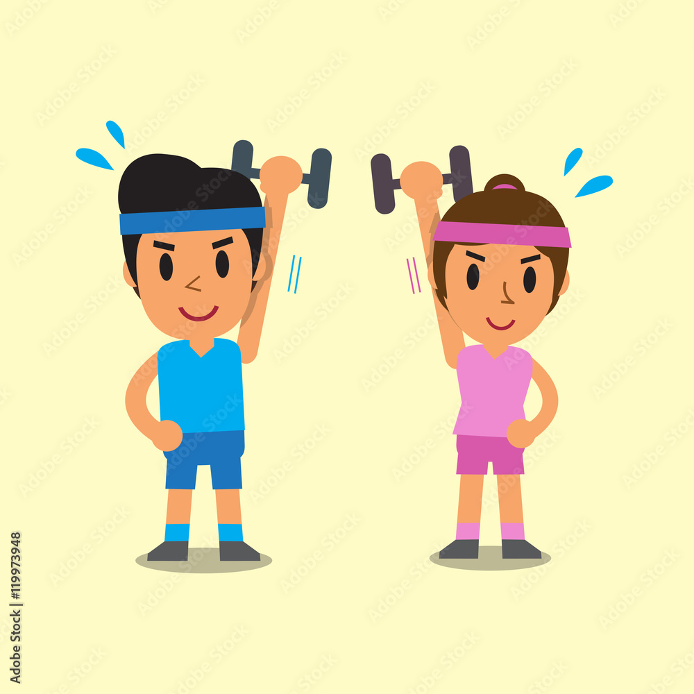 Cartoon man and woman doing dumbbell exercise Cartoon man and woman doing dumbbell exercise