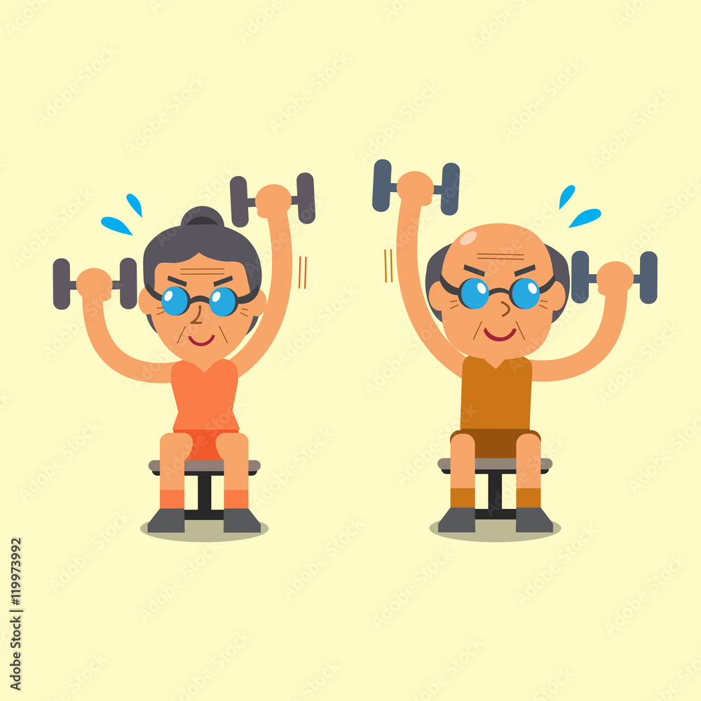 Cartoon senior man and woman doing alternate seated dumbbell press exercise