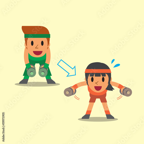 Cartoon man and woman doing dumbbell bent over lateral raise exercise step training