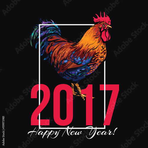 Colorful 2017 New Year greeting card with rooster - symbol of the year, vector illustration isolated on white background. New Year greeting card design for 2017, the year of Red Rooster