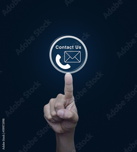 Hand pressing telephone and mail icon button over blue backgroun