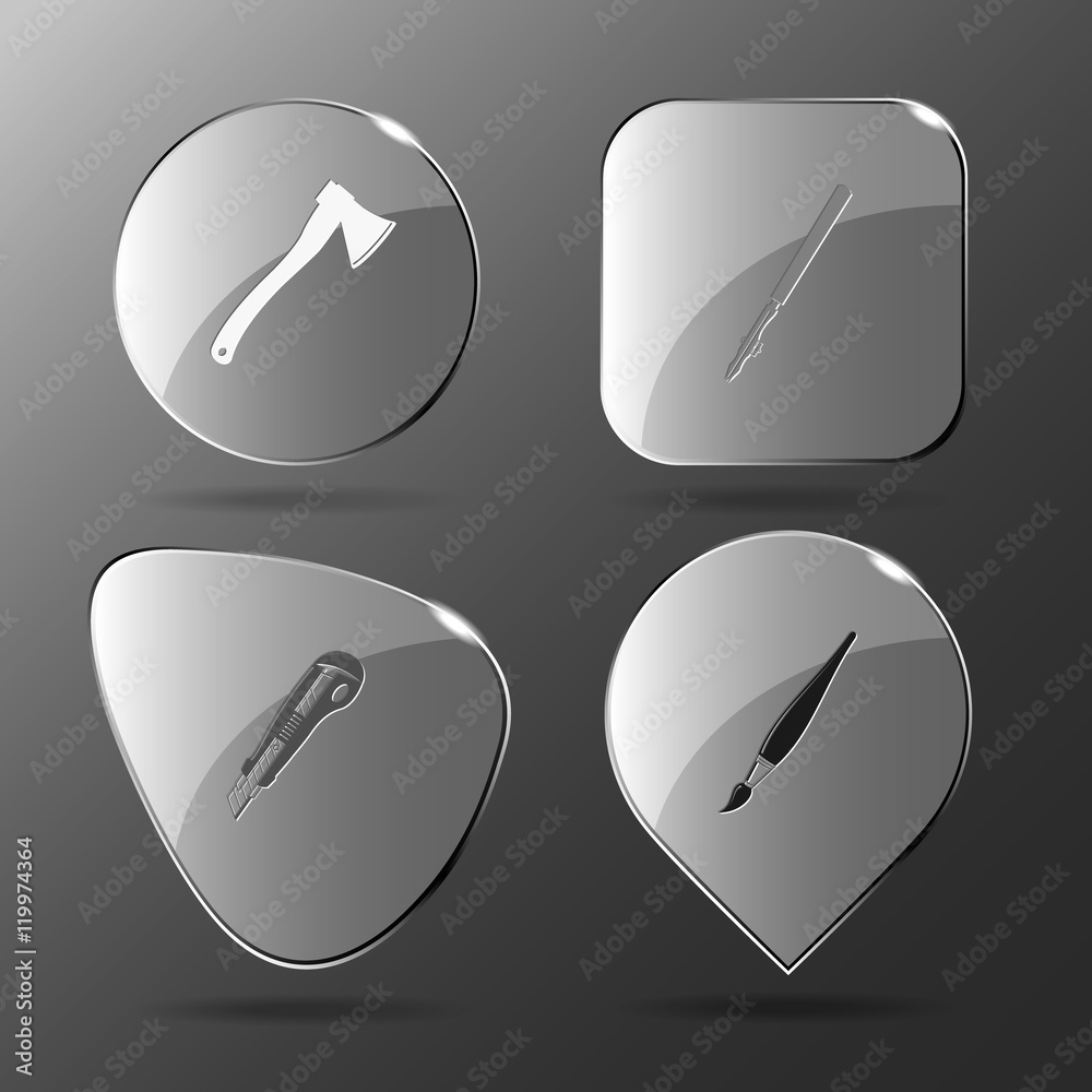 4 images: axe, ruling pen, knife, brush. Angularly set. Glass bu 4 images: axe, ruling pen, knife, brush. Angularly set. Glass bu