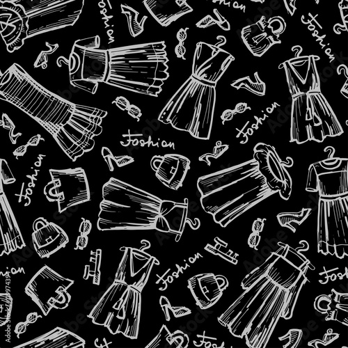 Vector seamless pattern with hand drawn dresses on black color