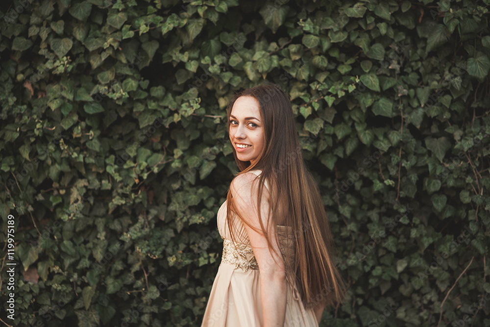 Beautiful girl, model near the wall of leaves and bushes in park Beautiful girl, model near the wall of leaves and bushes in park