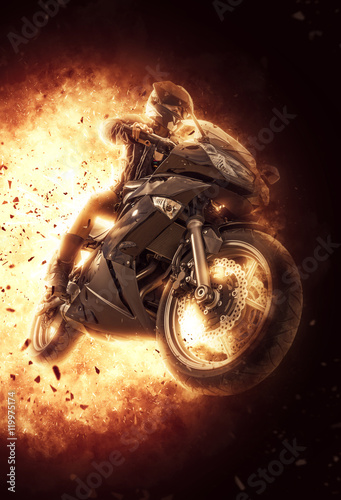 Woman on a motor bike on exploding background photo