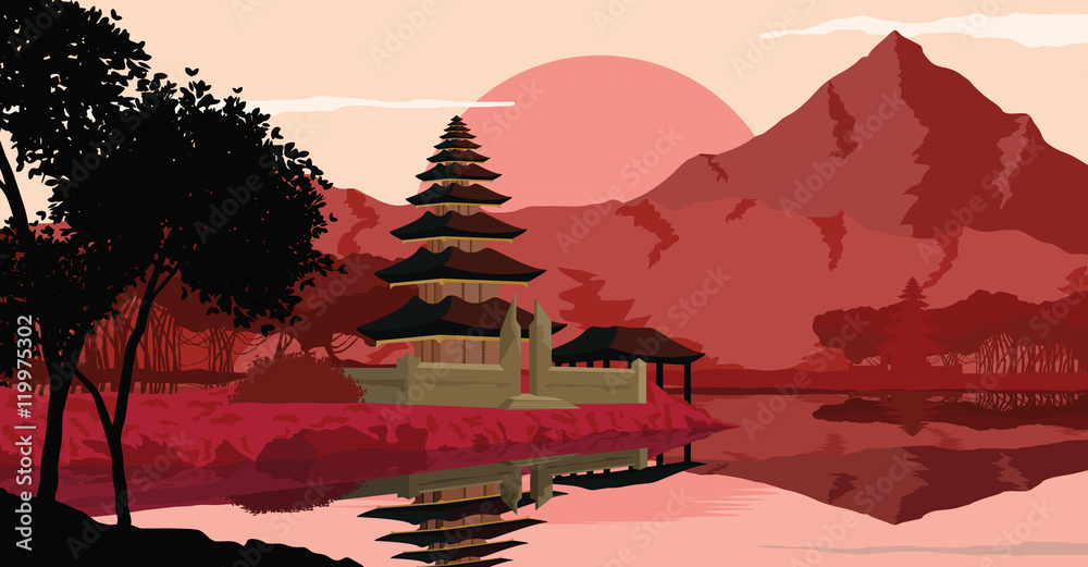 Fototapeta Flat landscape of mountain, lake and forest in evening, in warm colors, in orange tone, Vector illustration. Chinese build. Chinese temple. Chinese landscape. Chinese pavilion.