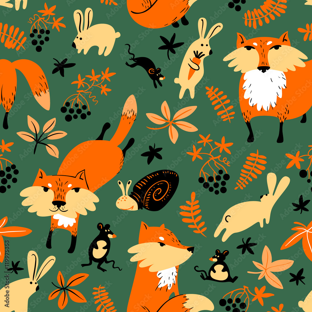 Fototapeta premium Vector autumn seamless pattern with animals and florals