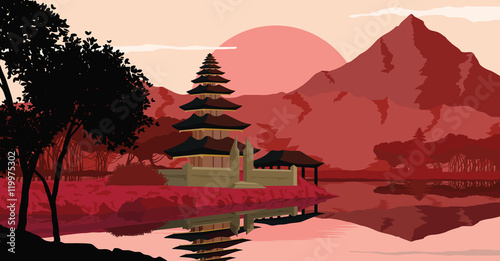 Flat landscape of mountain  lake and forest in evening  in warm colors  in orange tone  Vector illustration. Chinese build. Chinese temple. Chinese landscape. Chinese pavilion.