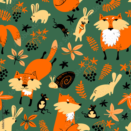 Vector autumn seamless pattern with animals and florals