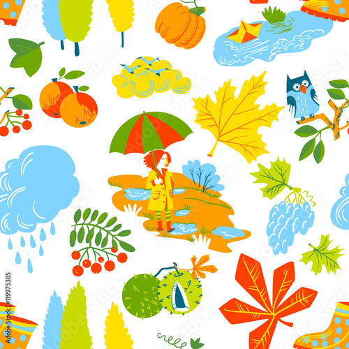 Girl with umbrella and autumn season nature objects vector seamless pattern