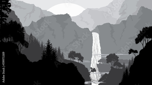 Mountain,waterfall and forest landscape, in gray colors, Flat landscape. Vector illustration.
