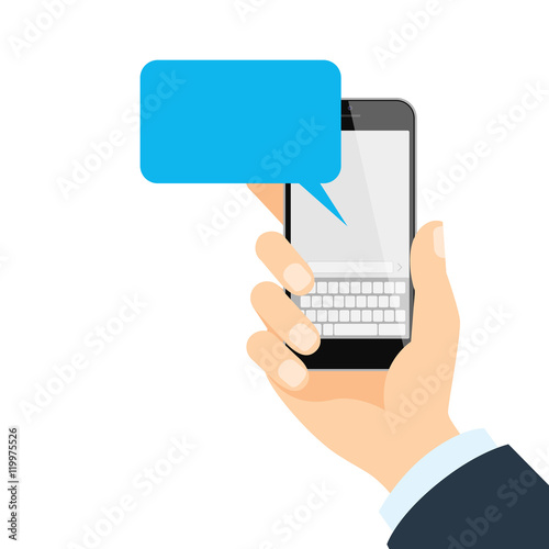 Smartphone with message. Isolated hand holding smartphone with blank template message bubble on white background.