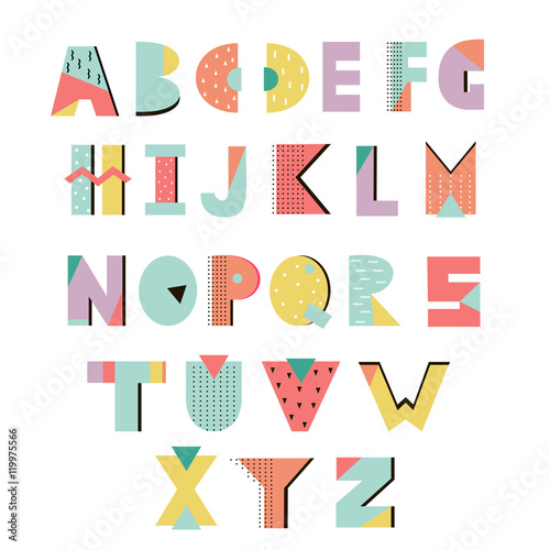 Creative summer alphabet. Memphis style. Geometric letters. Vector. Isolated.