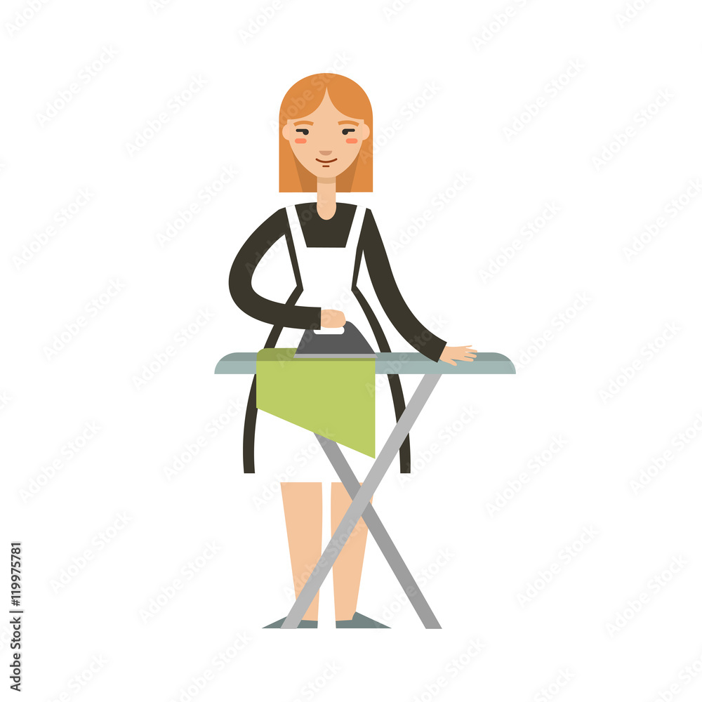 Cartoon maid ironing. Isolated vector illustration. Stock Vector | Adobe  Stock