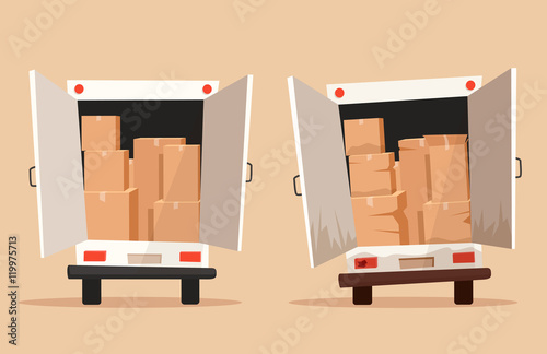 Moving with boxes. Transport company. Cartoon vector illustration