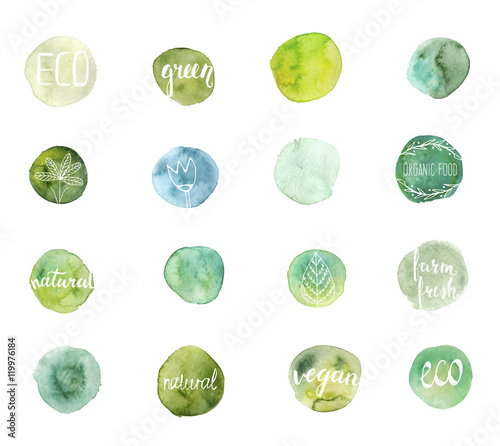 Set of hand drawn watercolor eco stains with hand-lettering text and floral elements. Template for design. Ecology labels.