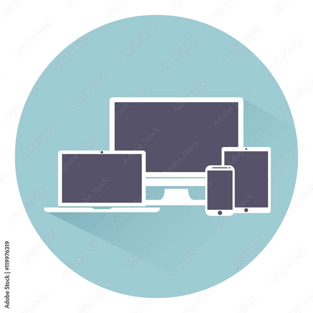 Set of monitors, laptop PC, tablet computer and mobile phone. Electronic equipment gadgets, isolated on a light background, vector illustration